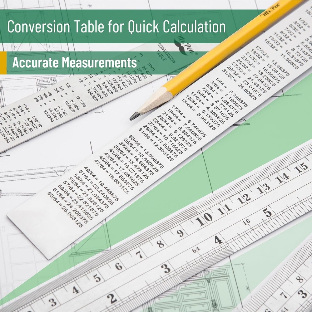 Professional Measuring Tools - 4 Stainless Steel Rulers with Conversion Table