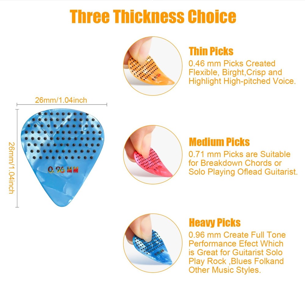 Non-slip Guitar Picks, 0.46 0.71 0.96mm Includes Thin Medium Heavy M