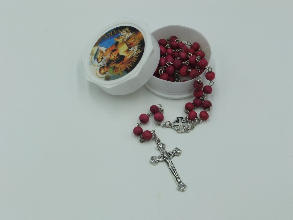 Red wooden bead Rosary w/case, Various Images, Buy 2, get 1 free