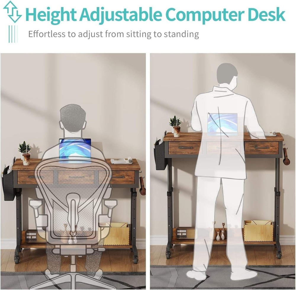 Rolling Height Adjustable Computer Desk With Drawers