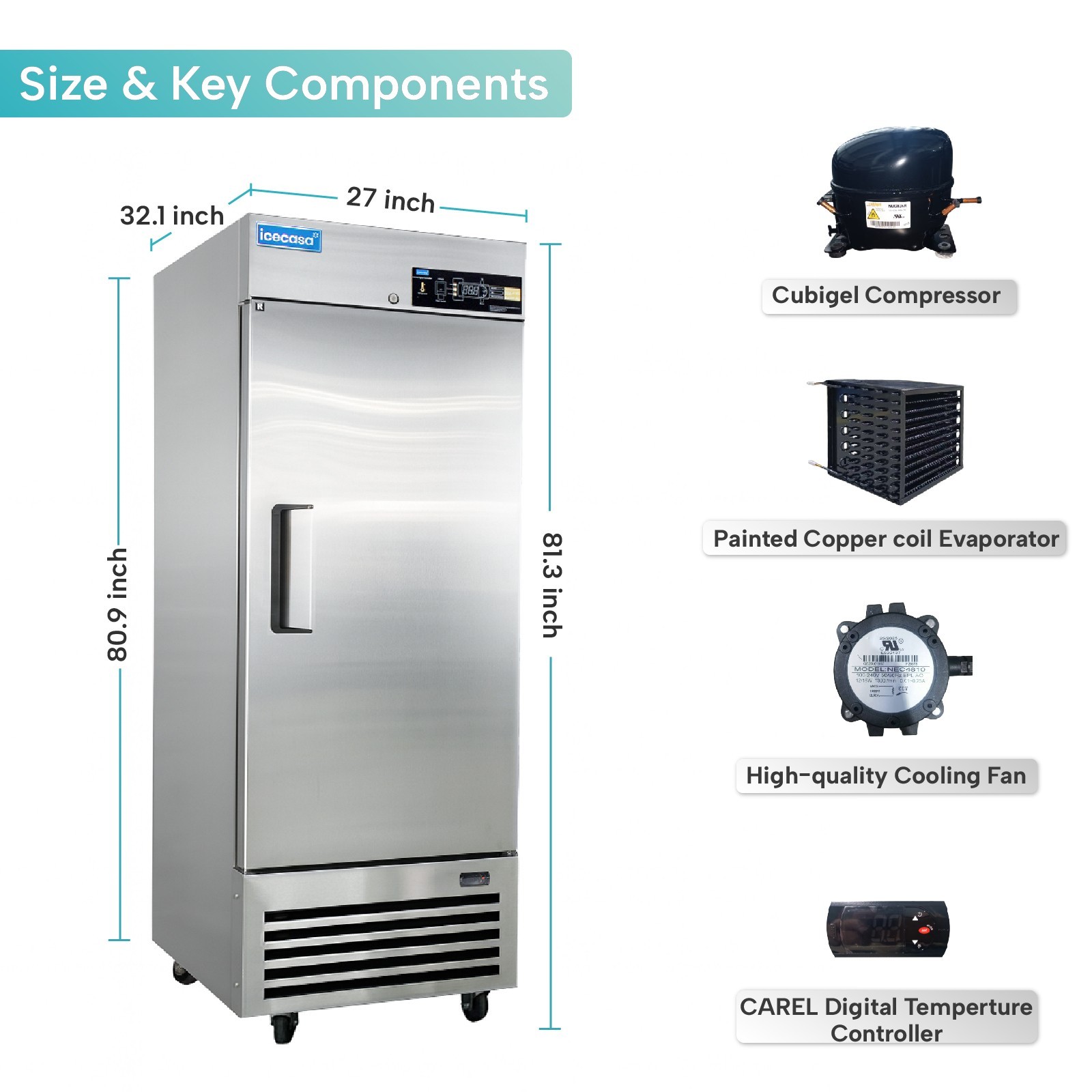 27" Commercial Fridge, ICECASA Single Door Commercial Reach-In Cooler 23 Cu.ft