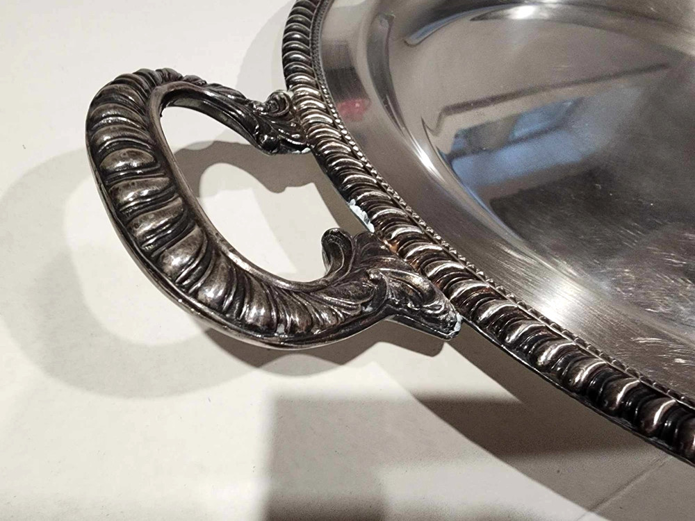 Vintage Serving Tray with Handles- silver plate, circular