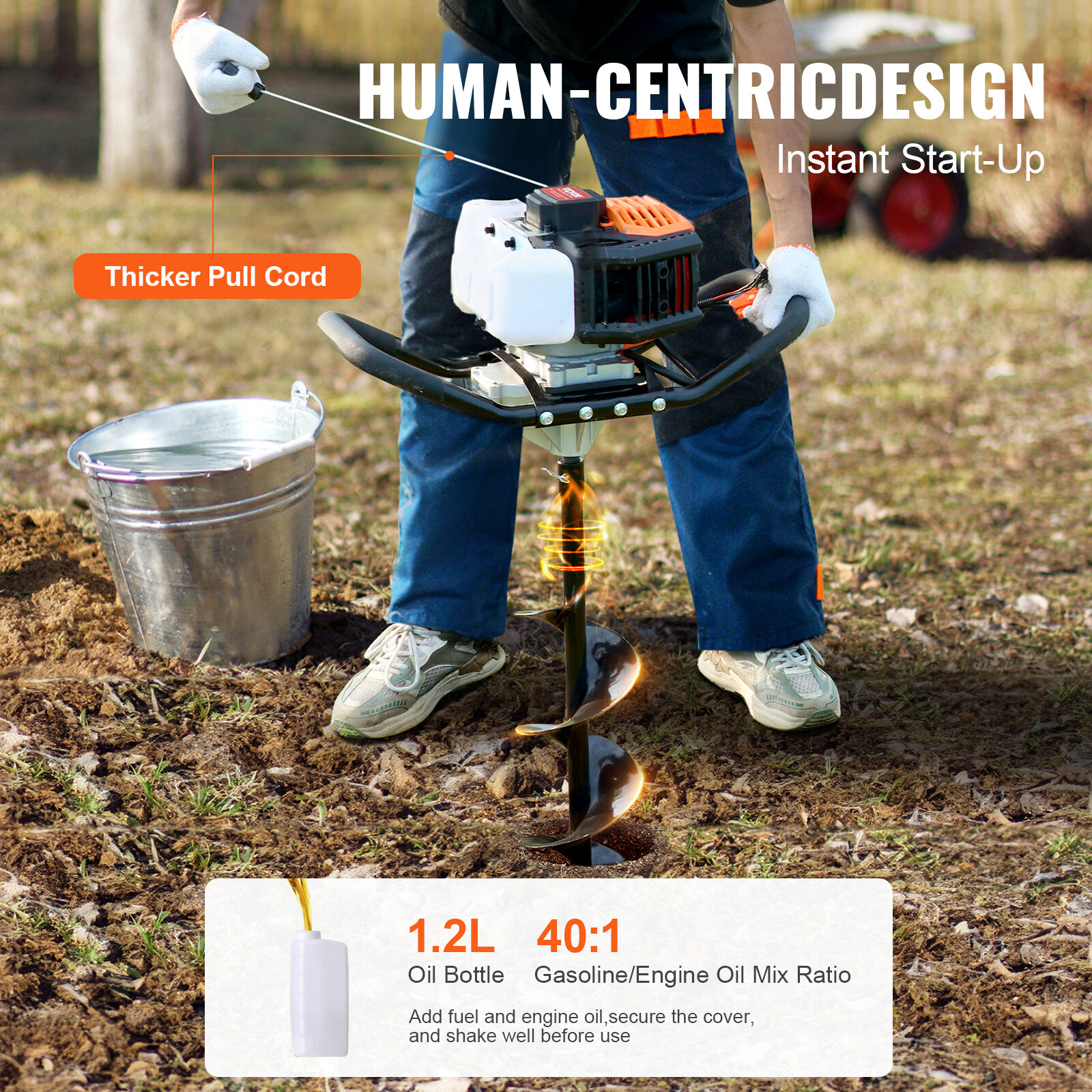 Gas Post Hole Digger 52CC 1450W with 8” Drill Bits & 1 Extension Rod