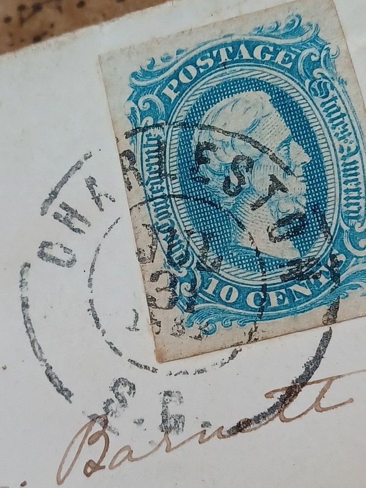 1863, 10 Cent Confederate State Blue Jefferson Davis Antique Stamp Postal Mail