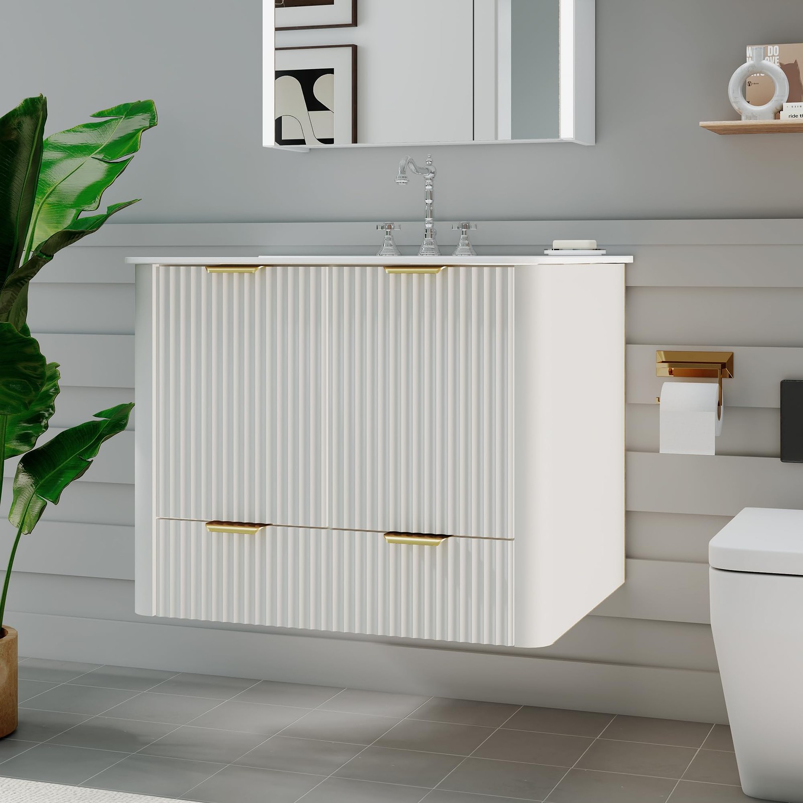 24 Inch Floating Bathroom Vanity with Sink 2 Doors 2 Drawers White