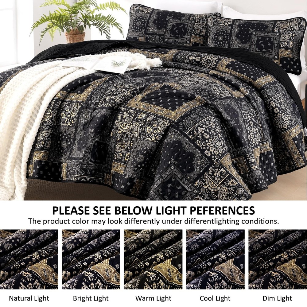 Cottolester Boho Patchwork Quilt Set Queen Size,Black Gold Fall Bedspread,Pai...