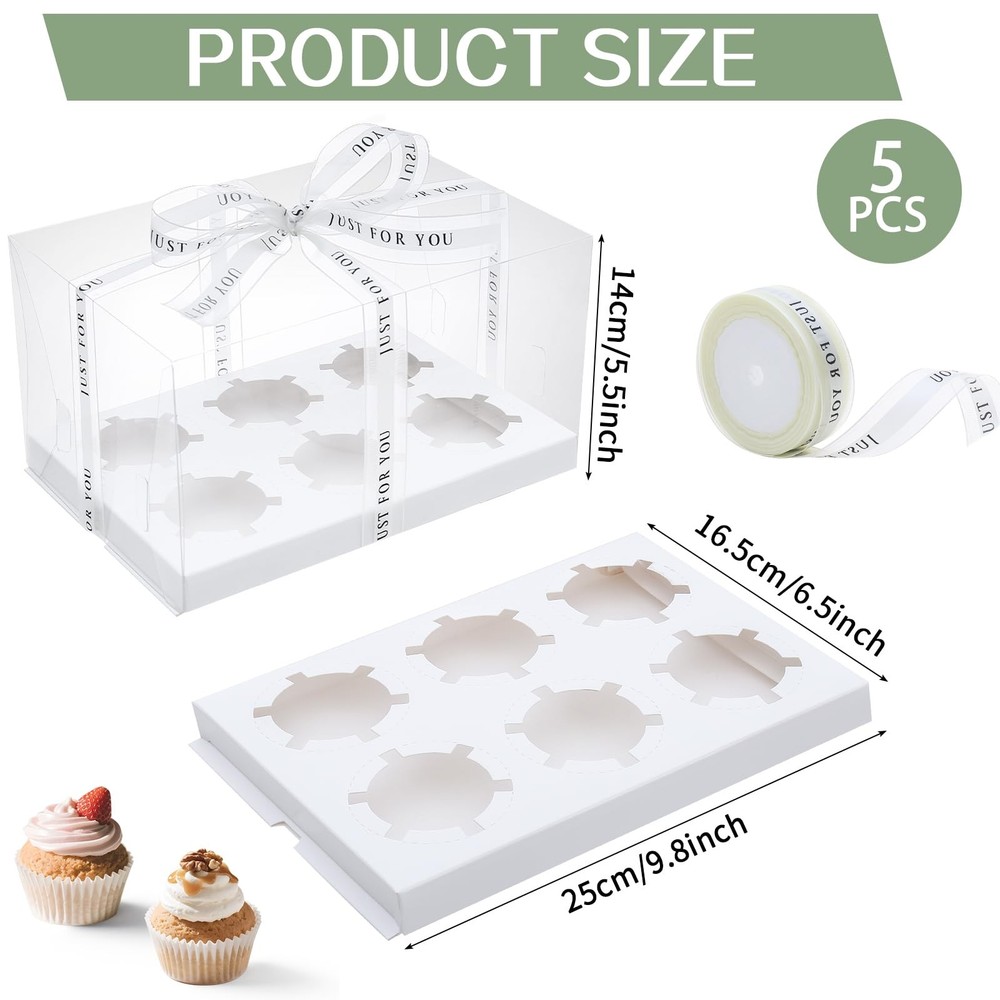 5 PCS Clear Cupcake Boxes With Ribbon 6 Count Plastic Tray Container White