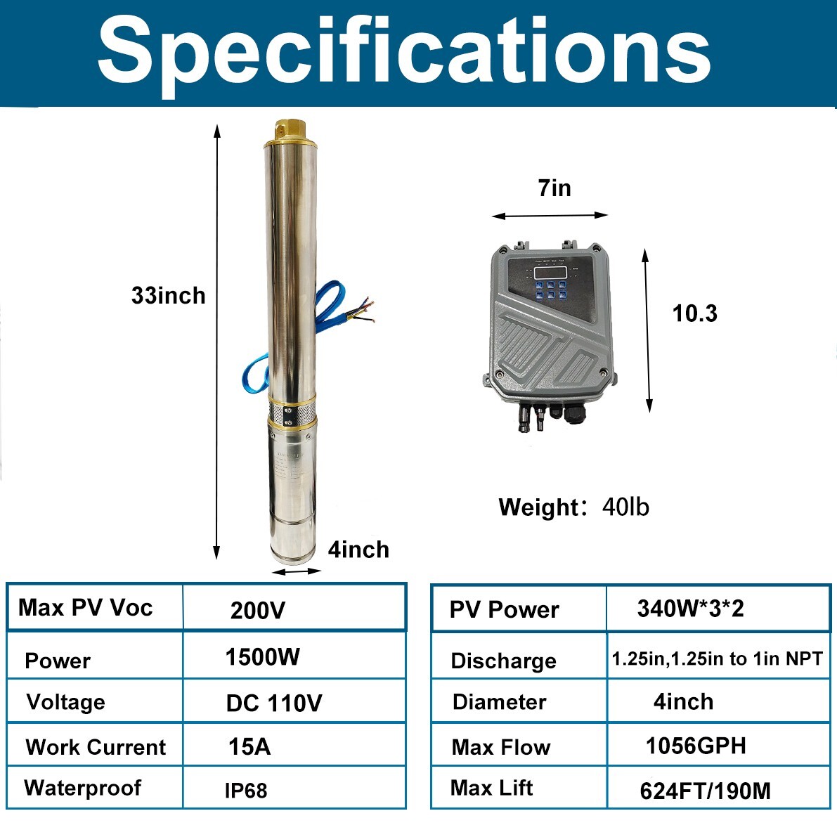 2HP 4" Solar Pump Submersible Pump Bore Deep Well Pump+MPPT Controller DC 110V