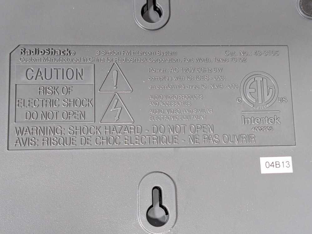 RadioShack Advance 3-Station FM Wireless Intercom System 43-3105