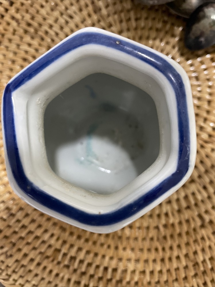 C. P. Ceramic Blue White Floral Hexagonal Asian Vase
