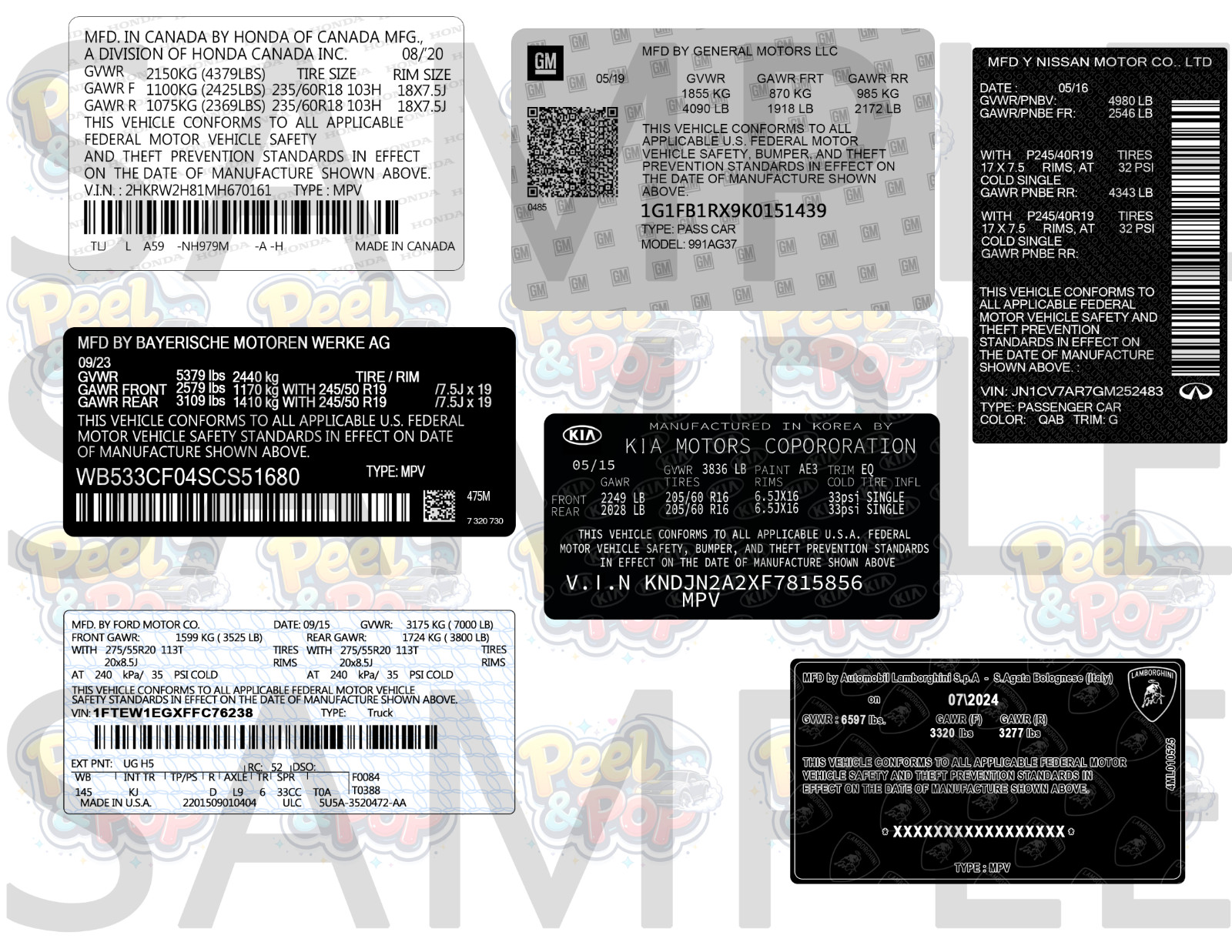 Vin Label Replacement Sticker Tire Pressure Replica All Makes and Model SET OF 3