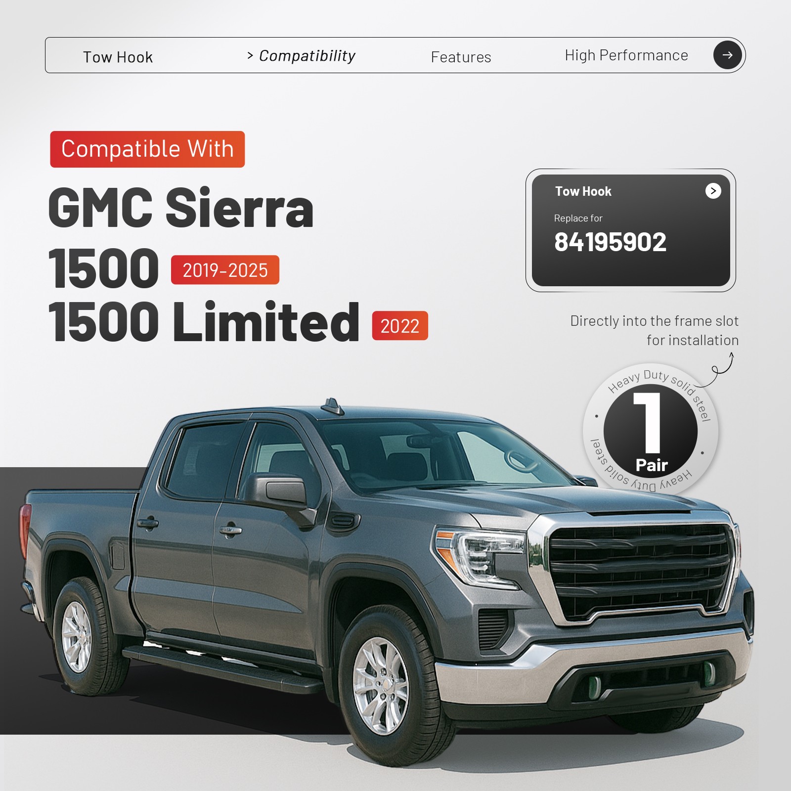 Front Chrome Tow Recovery Hooks w/ Bolts For GMC Sierra 1500 2019-2025 #84195902