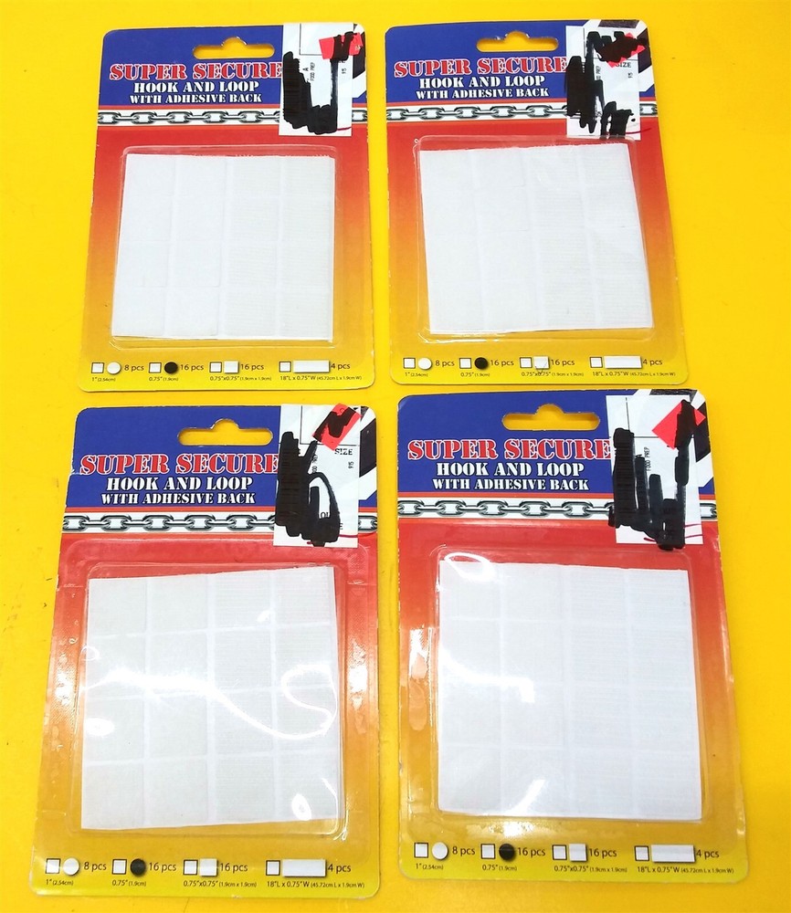 ⭐️⭐️⭐️⭐️⭐️ Lot of 4 Super Secure Hook & Loop Square w Adhesive Back 16pcs/pack