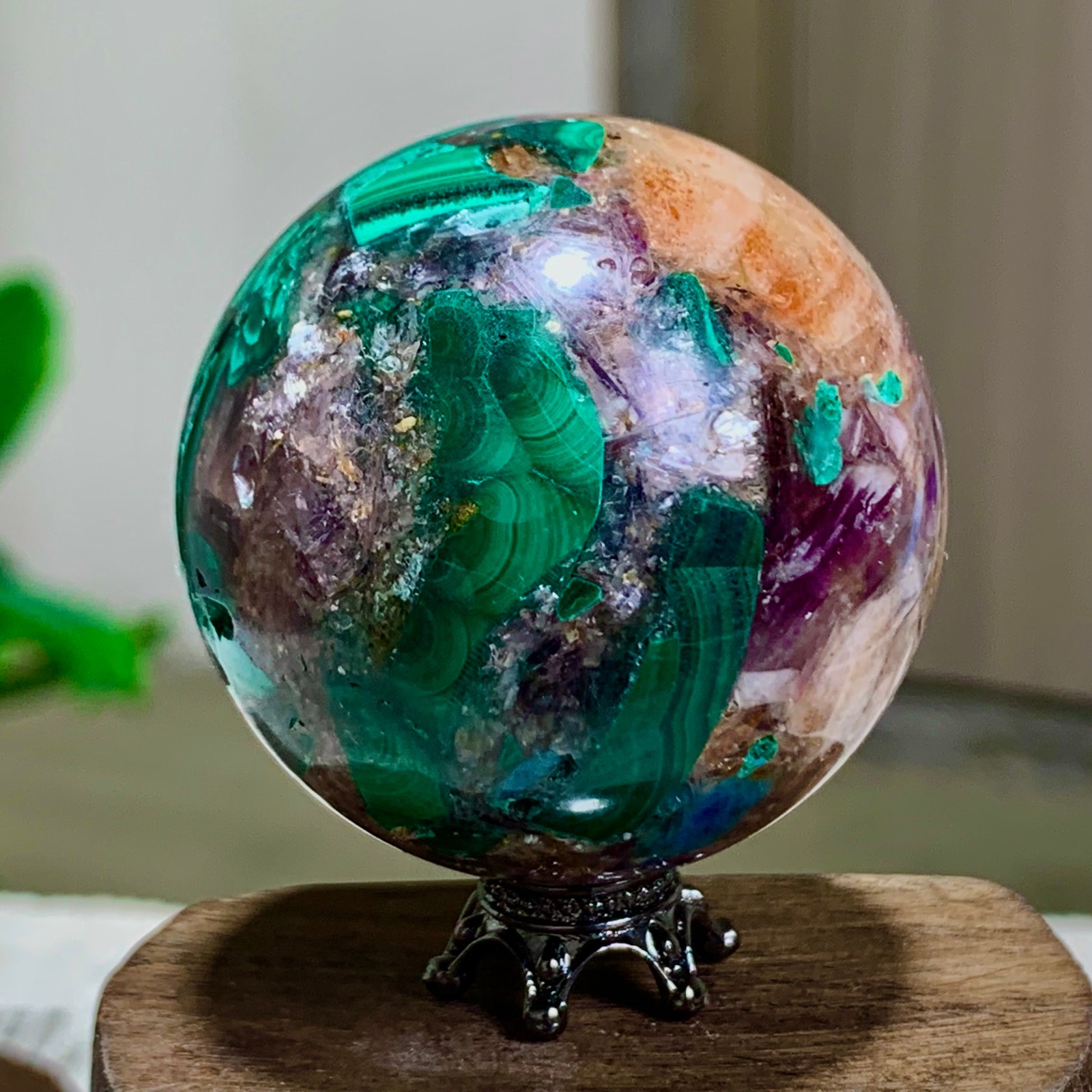 105G Newly discovered rare malachite purple mica symbiotic sphere restoration