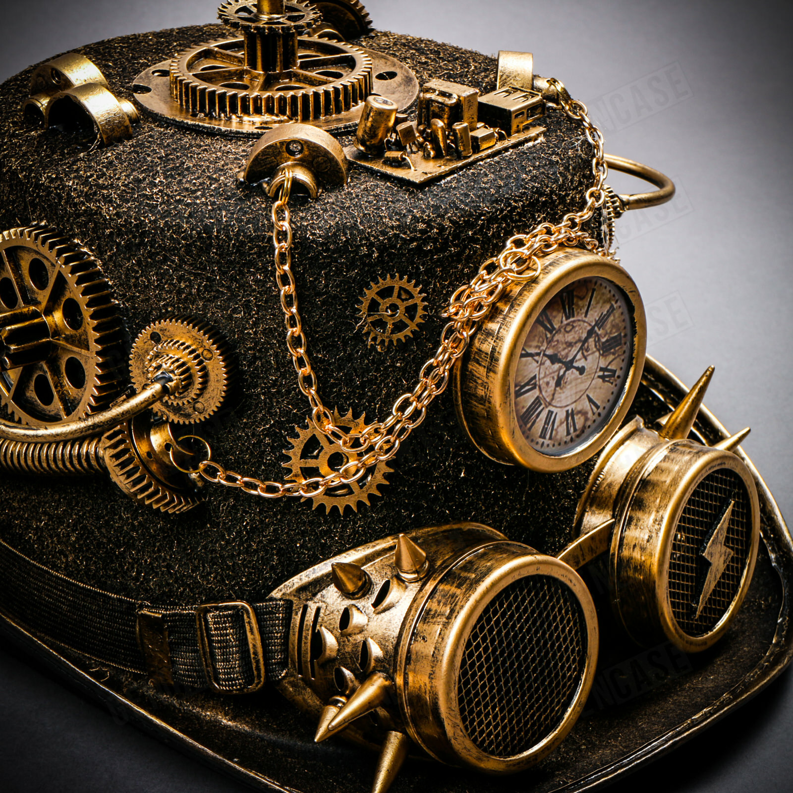 NEW Black Gold Gothic Top Hat Halloween w/ Clock Spike Costume Steampunk Goggles