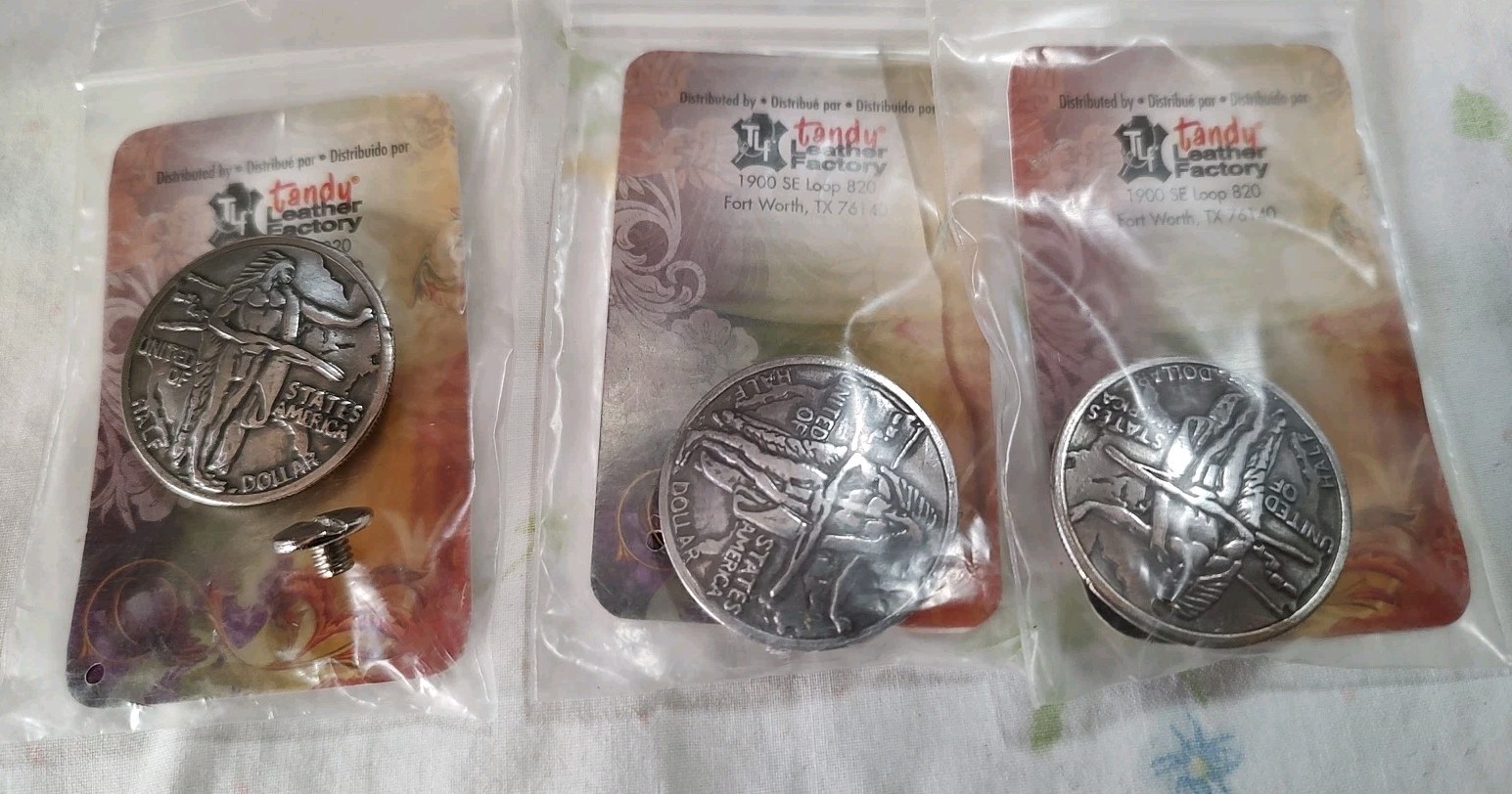 3 Pack Tandy Leather Oregon Trail Half Dollar Screw Back Conchos - 1 1/8"