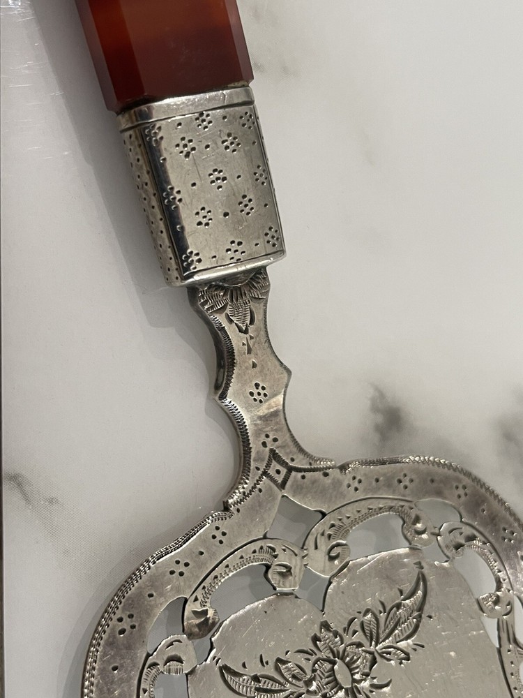 Large Engraved Openwork Fish Pie Server Agate Handle Dutch 833 Silver 1868