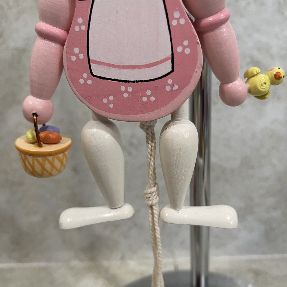 Vintage Wooden Easter Rabbit Bunny Pull-String Toy Jumping Puppet 7.5” H