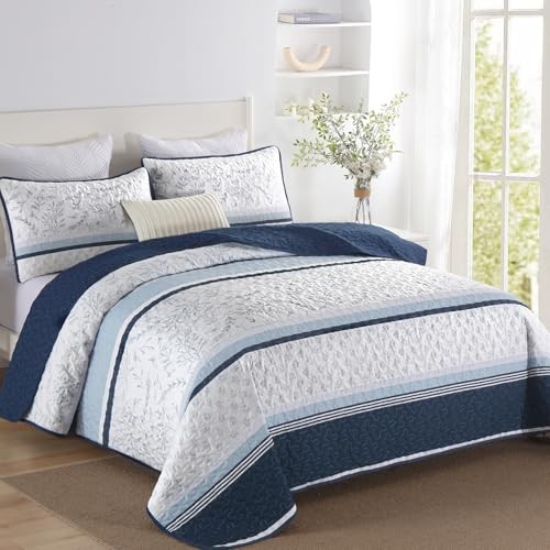 Striped Quilt Set Size Boho Striped Patchwork Leaves Printed Queen Navy Blue