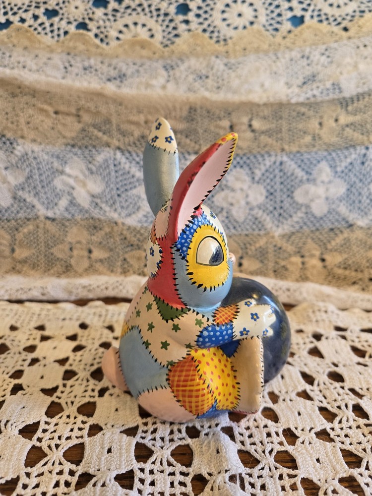 Vintage Hand Painted Ceramic Mold Easter Bunny Rabbit Patchwork 1977 6.5"
