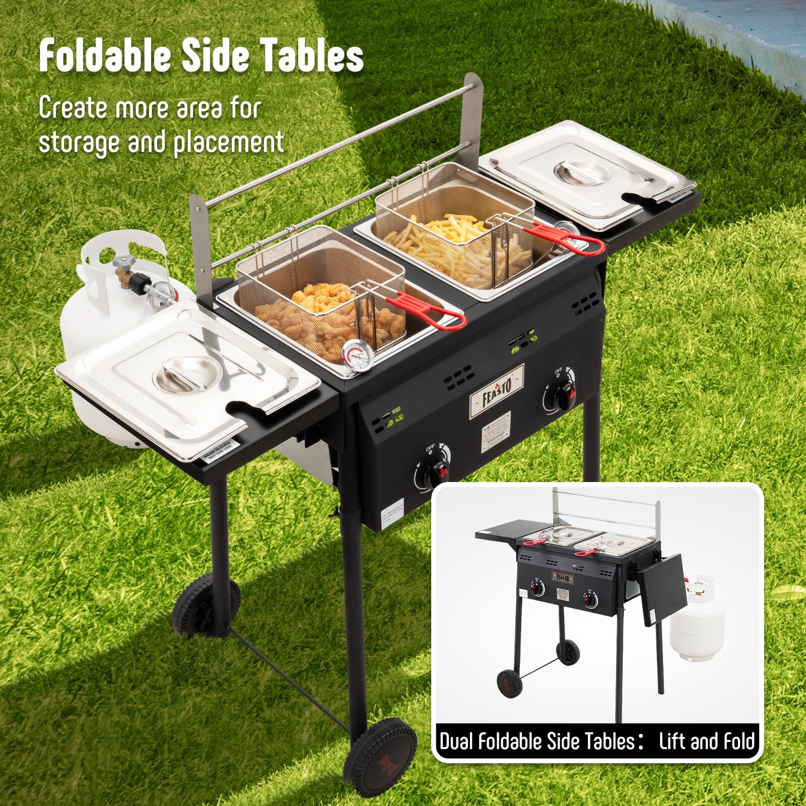 Outdoor Propane Deep Fryer,Dual Tank with Dual Independent Cast Iron Burners