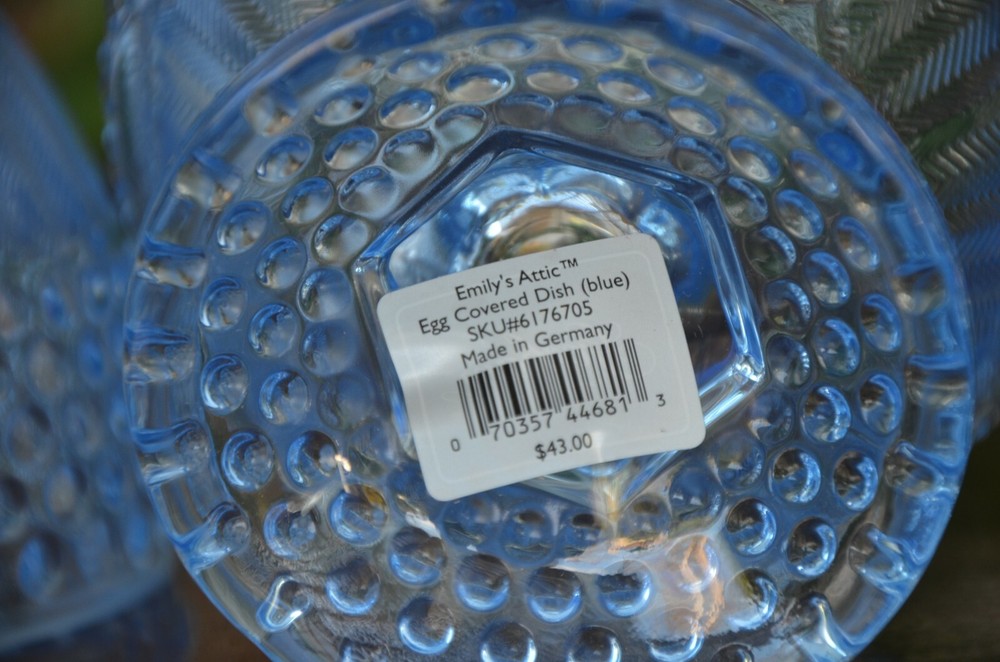 Gorham blue glass Easter egg covered dish, 10" tall