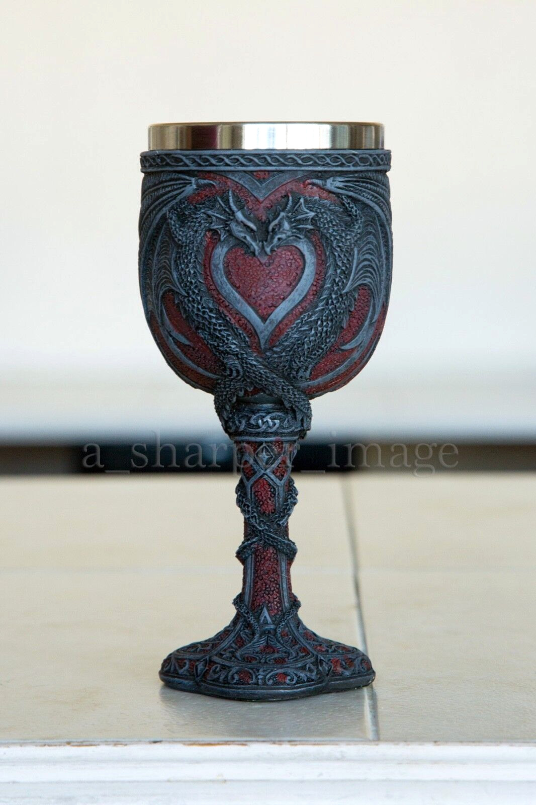Occult Double Dragon Heart Goblet Chalice Hand Painted 'Stone' Finish Beautiful!