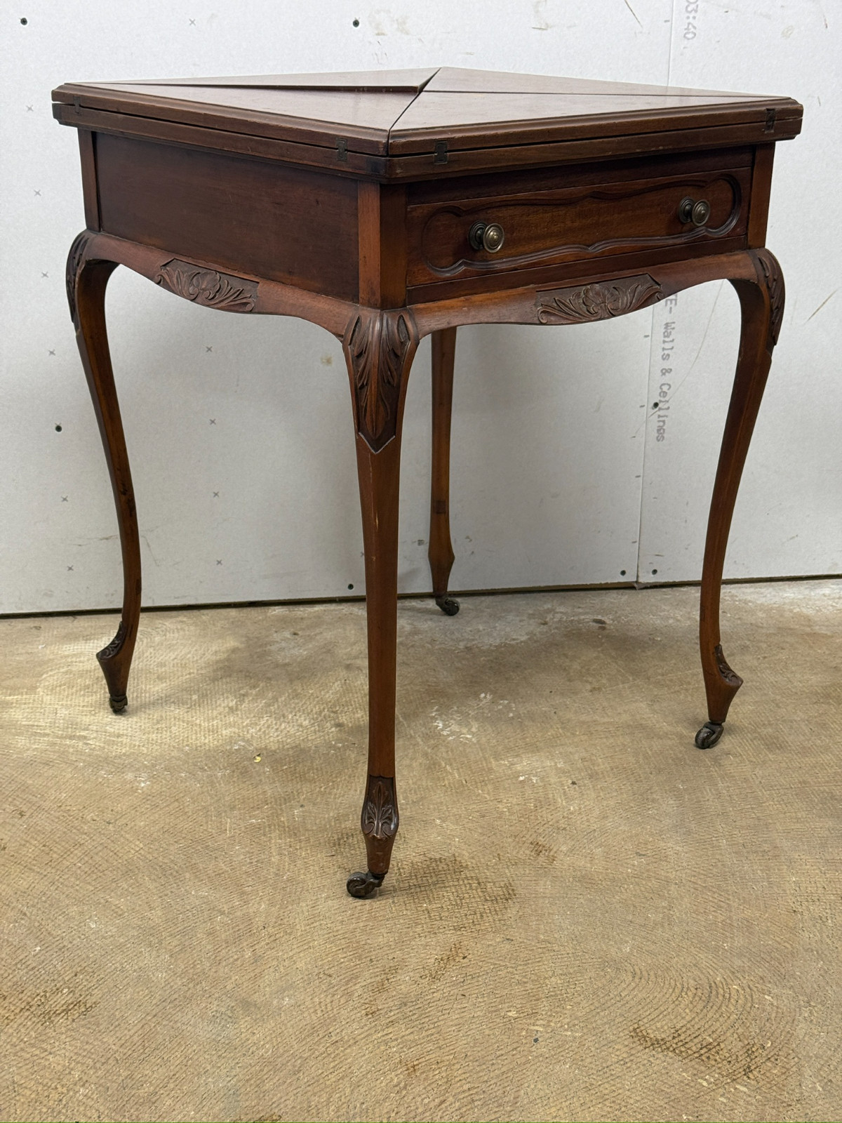 antique french walnut game table handkerchief carved stand card 1800s