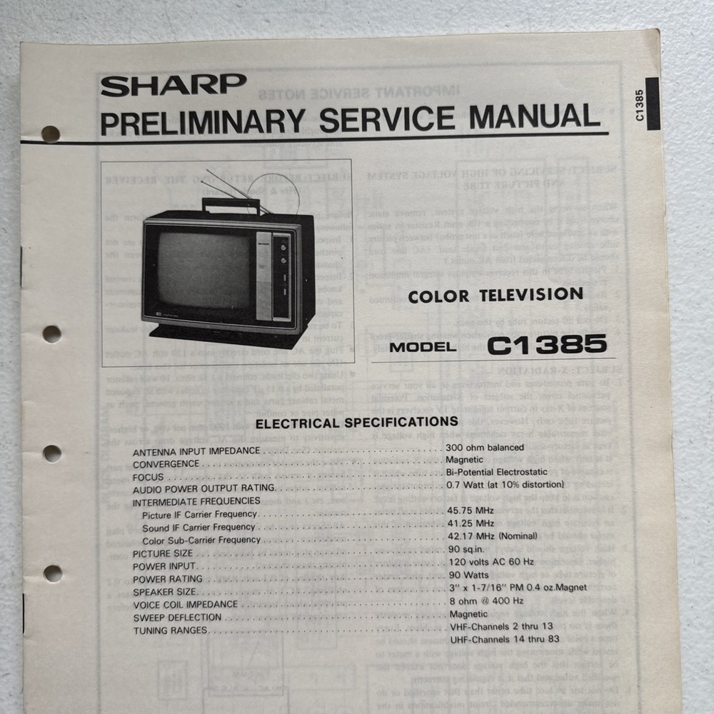 Sharp Electronics Color Television Model C1385 Preliminary Service Information