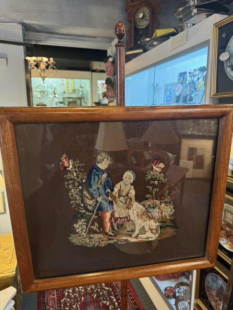19th Century Adjustable Embroidered 63" Tall Fireplace Screen on Post & Stand