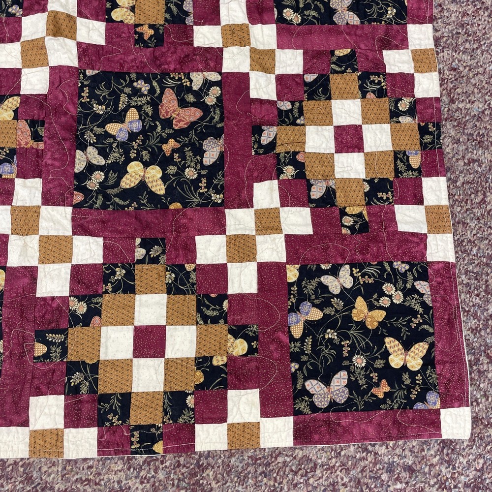 Butterfly Patchwork Pattern Quilt Lap Throw 16 Patch 49”x50” Hand Stitched