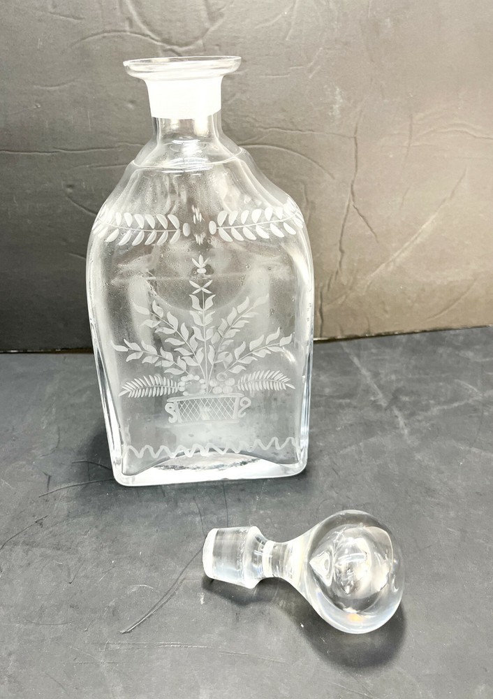 Continental Acid Etched Rectangular Decanter, Mid Century. Birds