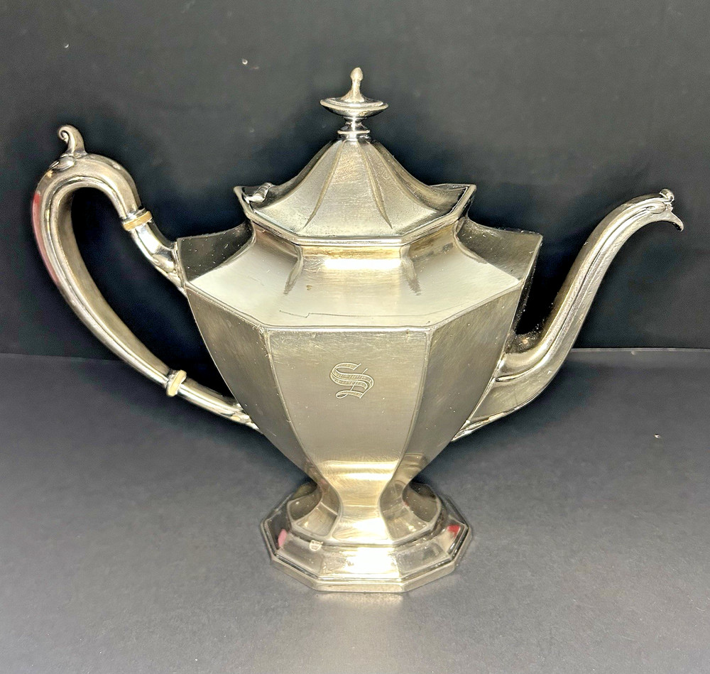 Antique Reed & Barton Silverplate Teapot Octagonal Paneled No. 3690 Monogram