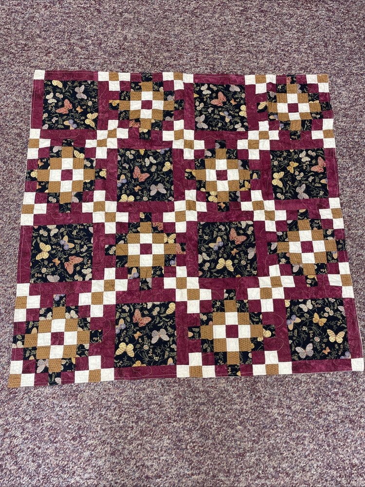 Butterfly Patchwork  Pattern Quilt Lap Throw 16 Patch 49”x50” Hand Stitched