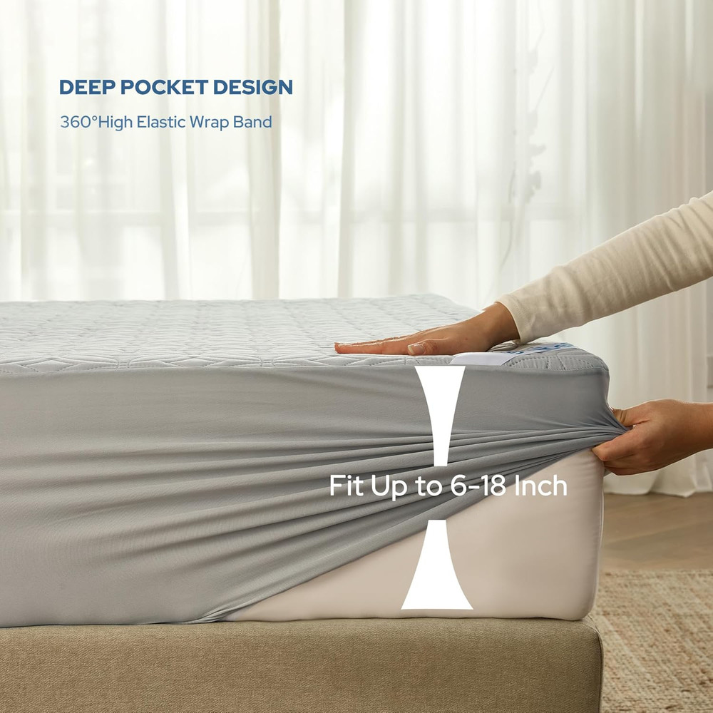 Full Waterproof Mattress Protector Soft Light Gray with 6"-15" Deep Pocket