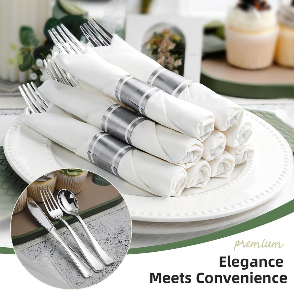 400PCS Pre Rolled Silver Plastic Silverware Sets, 100 Pack Wrapped Utensils