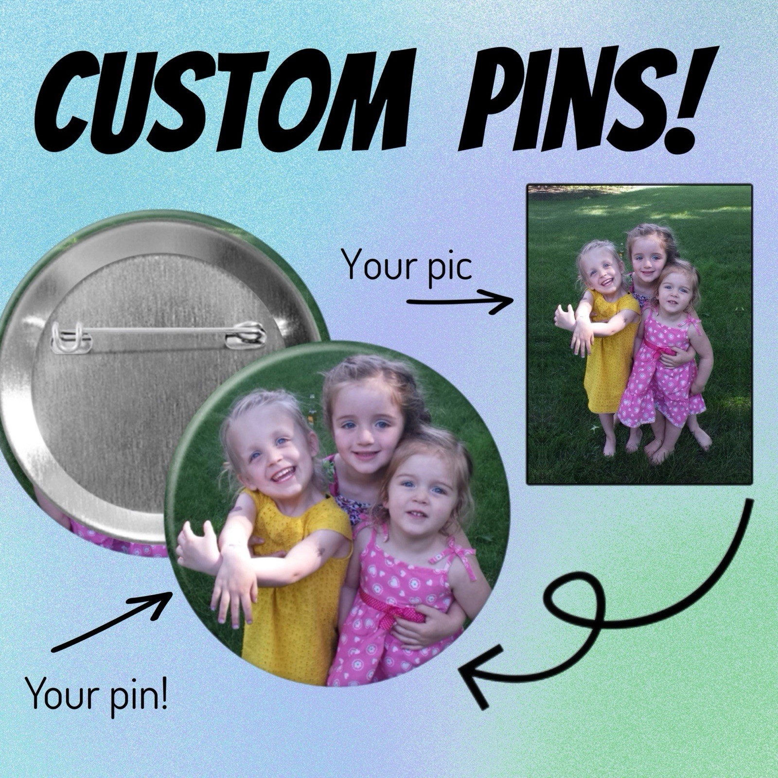 CUSTOM PINBACK BUTTONS Four sizes!  Pin Customized Personalized Create Your Own