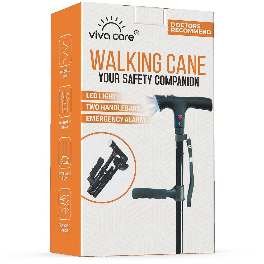 Walking Cane with Light & Alarm - Foldable Adjustable Lightweight for Balance...