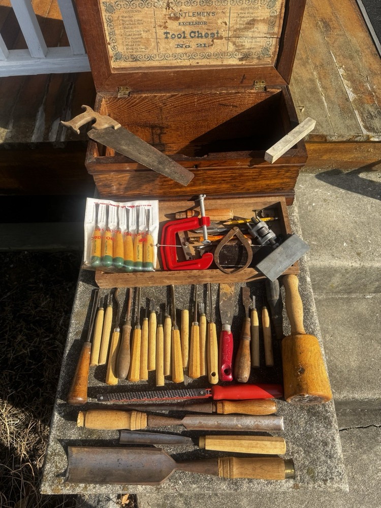 Vintage Wood Tool Chest No.21 w/ Chisels Gouges Mallet Set Rustic Carpenter Kit