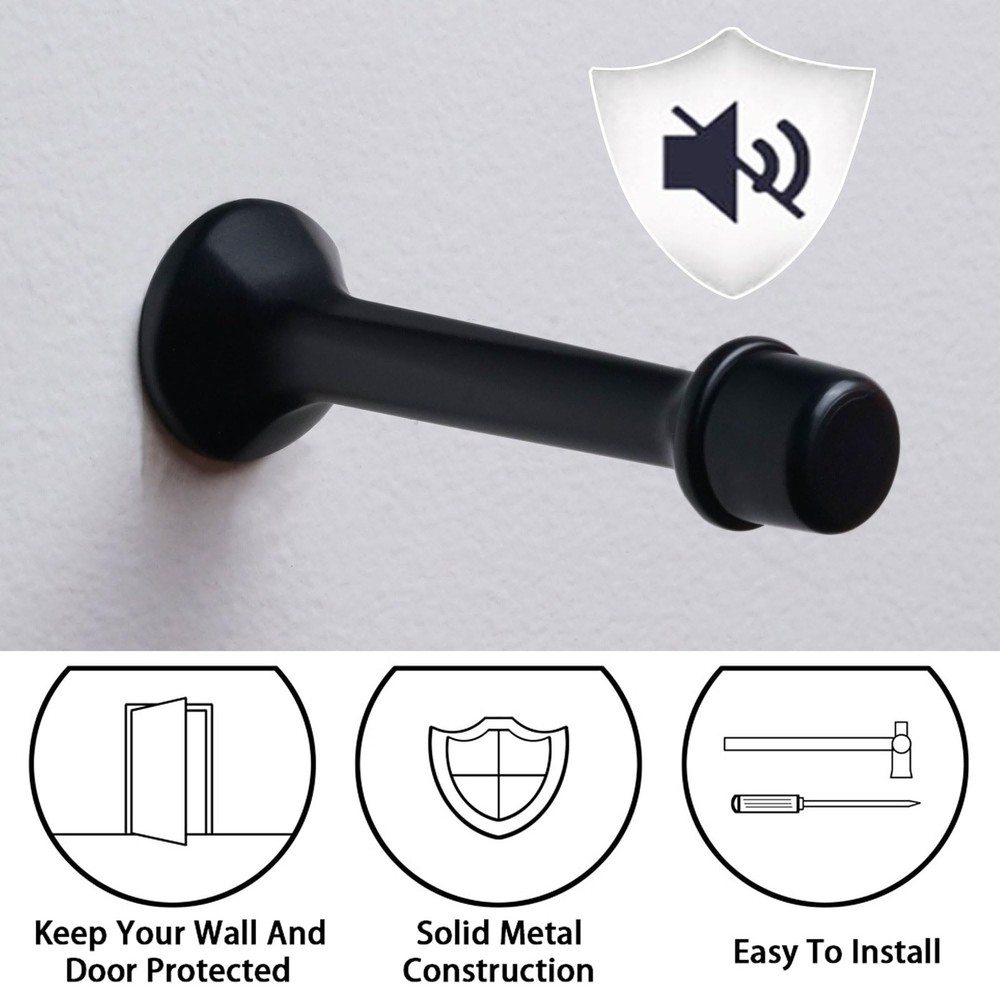 Solid Rigid Door Stop 3 Inch Heavy Duty Matte Black Rubber Tip 4 Pack
