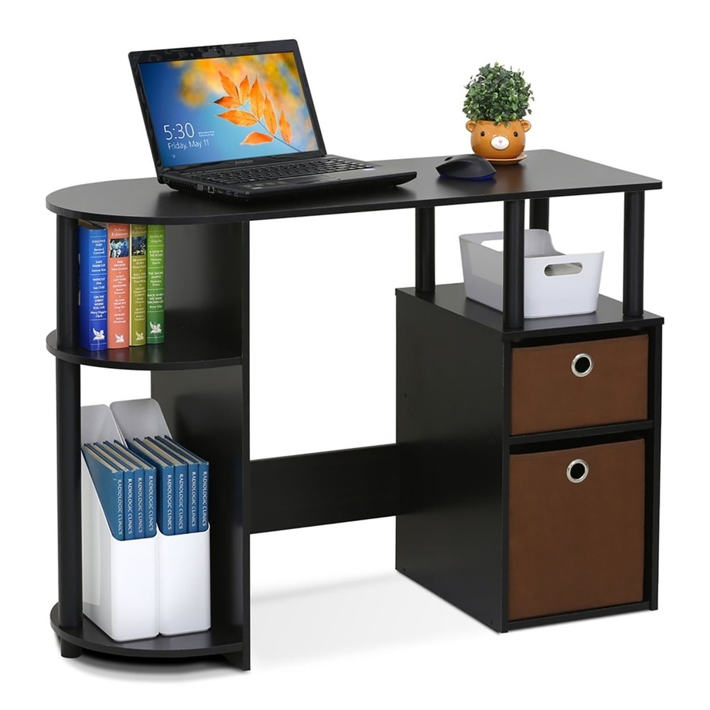 Espresso Computer Desk Simplistic Style W Bin Drawers & Easy Assembly