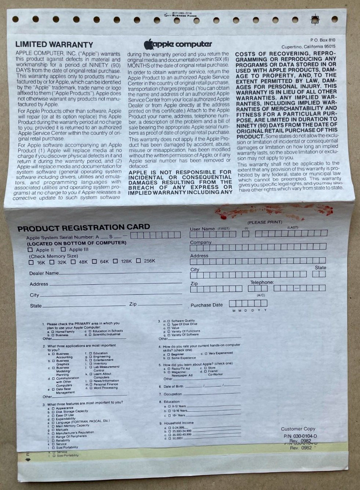 Apple Disk II Drive Packing Lists Warranty Cards User Input Reports Missing Some