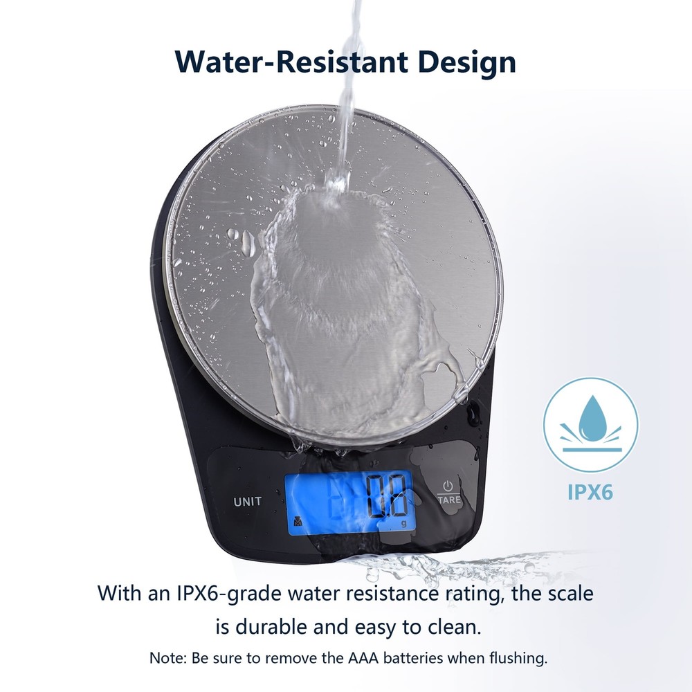 Waterproof Digital Kitchen Scale with Blue Backlit, Black