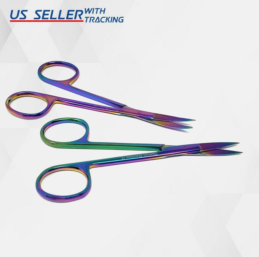 2 GERMAN IRIS MICRO DISSECTING SCISSORS STRAIGHT 4.5" MULTI RAINBOW TITANIUM