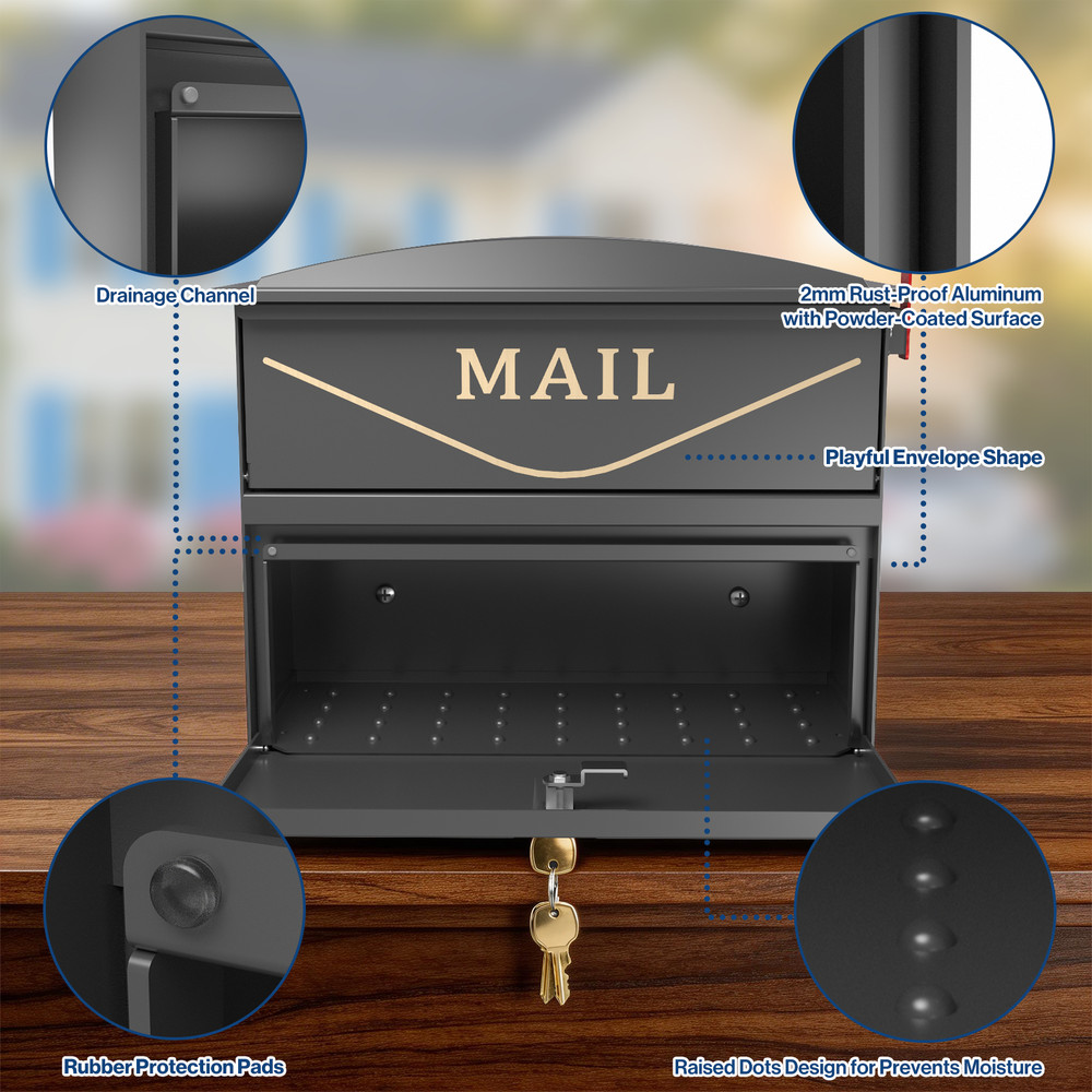 Rainproof Wall Mount Mailbox for Outside, Locking Mailbox w/ Outgoing Flag,Black