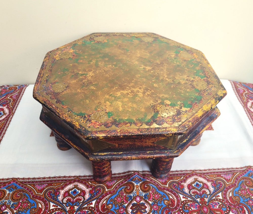 Old Style Anglo-Indian Low Bajot Table Octagonal Painted Boho Prayer Table