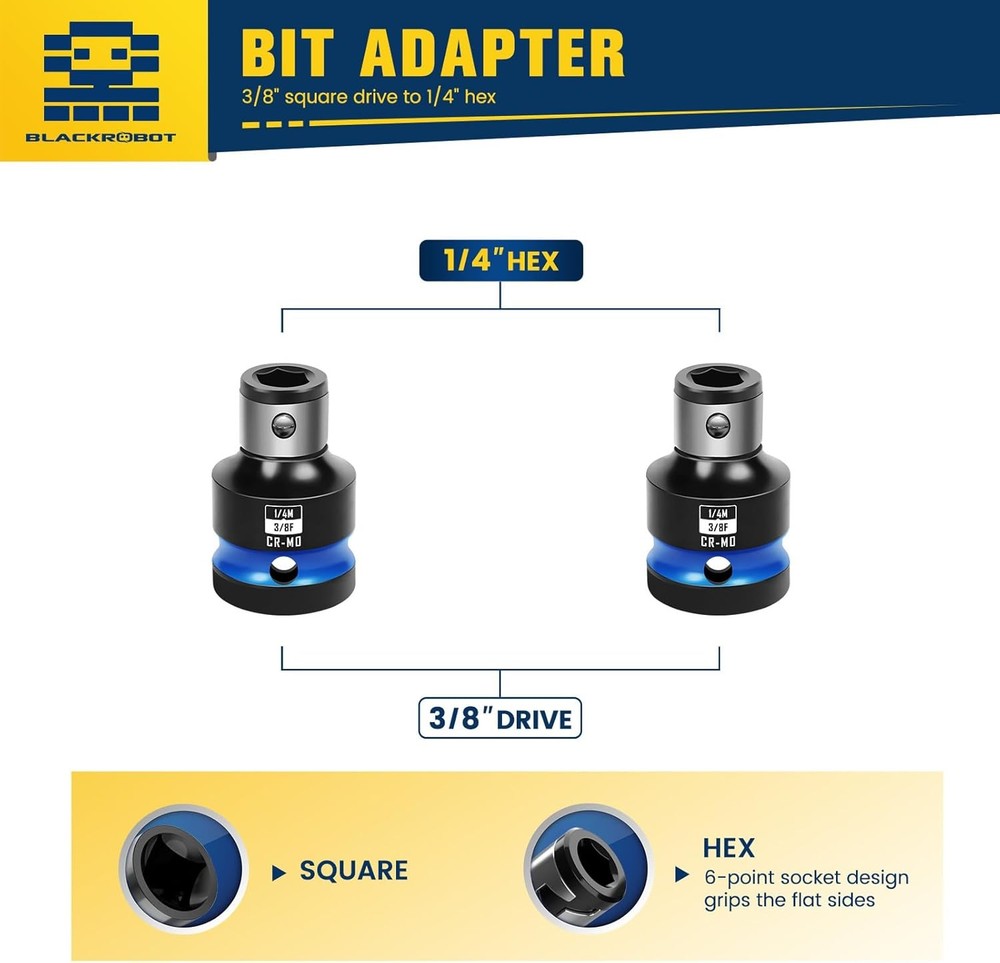 BLACKROBOT 3/8" Drive to 1/4" Hex Adapter 2pc