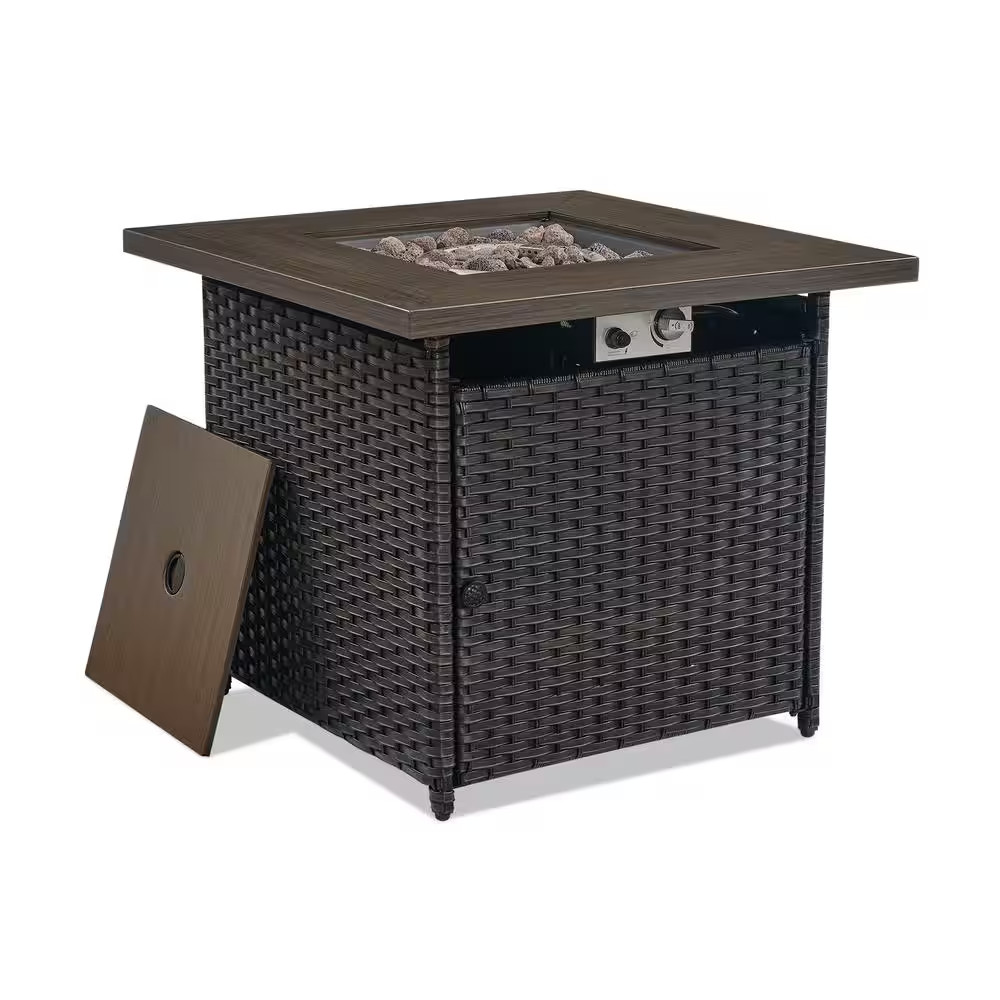 30 In. 50000 BTU Rectangular Brown Rattan Propane Outdoor Fire Pit Table with La