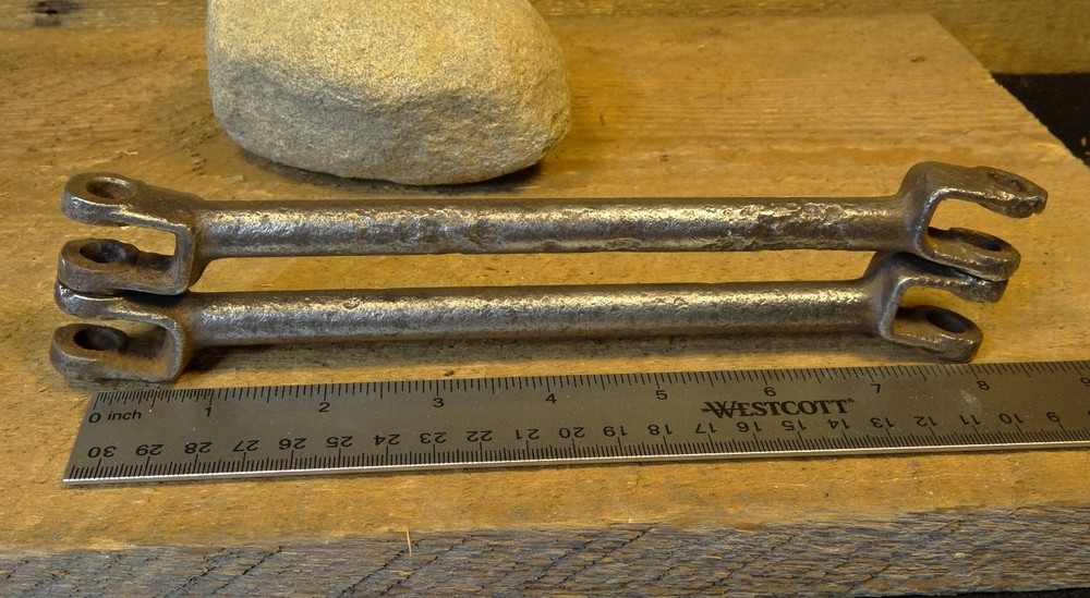 2- vintage Implement Conecting Rods, Yokes both ends, Off set Cast Steel Rustic.
