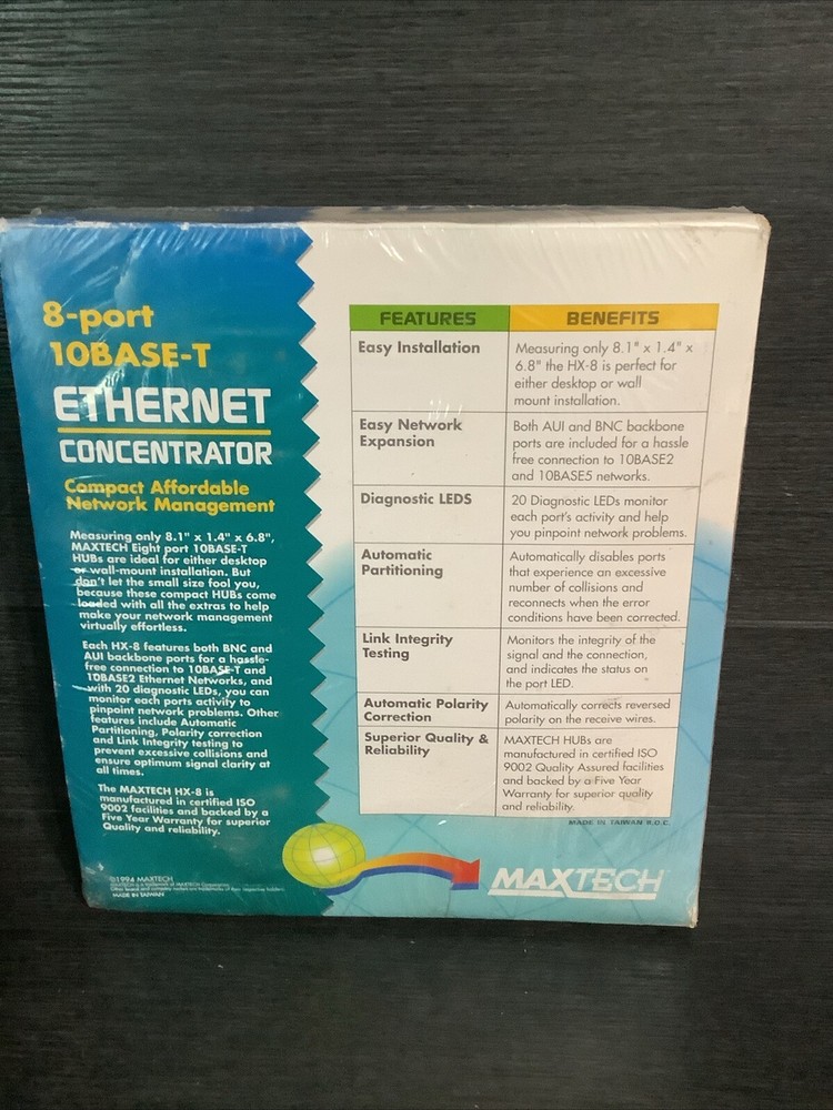 MaxTech 8 Port 10Base-T Ethernet Concentrator Ethernet HX-8
